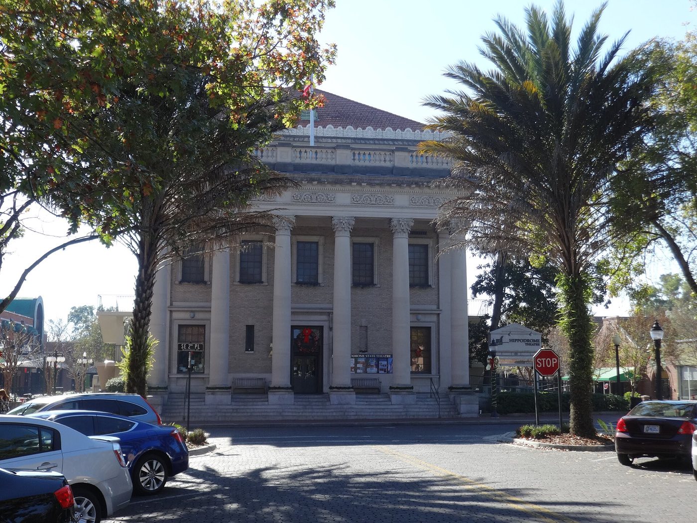 The Hippodrome Theatre's columned facade in downtown Gainesville